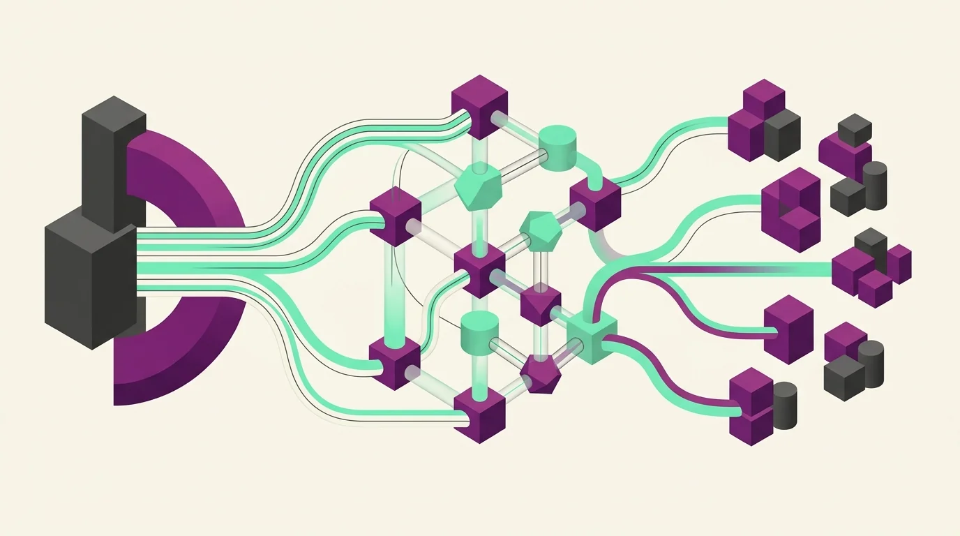 Ilustração abstrata em roxo e verde-menta de recursos fluindo por uma estrutura organizada e aberta