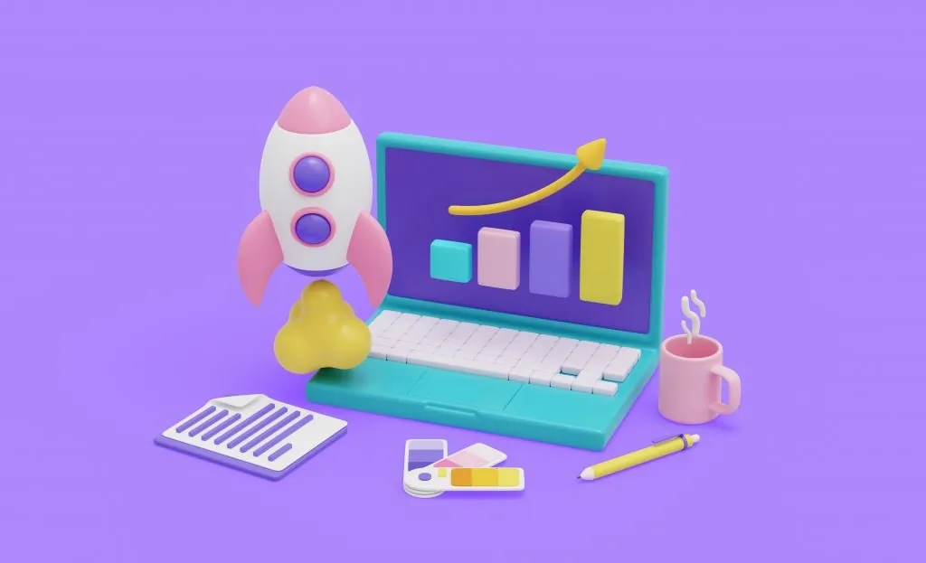 Ilustração de um notebook com gráfico em alta e um foguete decolando ao lado