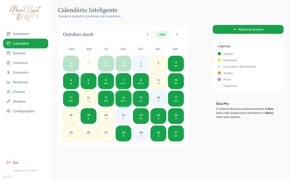 Mint Closet system calendar, with rentals, returns, laundry and fittings marked in colors