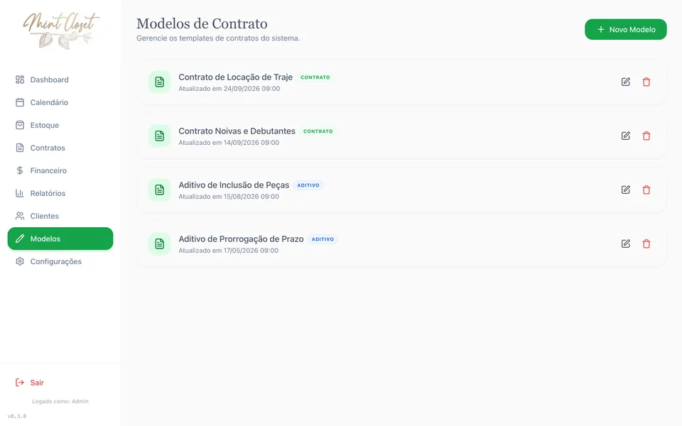 Contract templates and addenda saved in the Mint Closet system